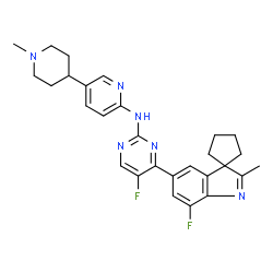 ChemSpider 2D Image | 5-Fluoro-4-(7'-fluoro-2'-methylspiro[cyclopentane-1,3'-indol]-5'-yl)-N-[5-(1-methyl-4-piperidinyl)-2-pyridinyl]-2-pyrimidinamine | C28H30F2N6