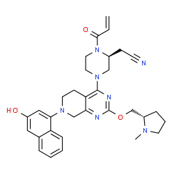 ChemSpider 2D Image | {(2S)-1-Acryloyl-4-[7-(3-hydroxy-1-naphthyl)-2-{[(2S)-1-methyl-2-pyrrolidinyl]methoxy}-5,6,7,8-tetrahydropyrido[3,4-d]pyrimidin-4-yl]-2-piperazinyl}acetonitrile | C32H37N7O3