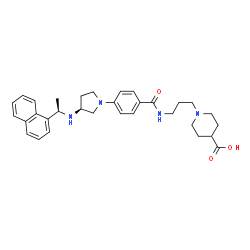 ChemSpider 2D Image | 1-[3-({4-[(3S)-3-{[(1R)-1-(1-Naphthyl)ethyl]amino}-1-pyrrolidinyl]benzoyl}amino)propyl]-4-piperidinecarboxylic acid | C32H40N4O3
