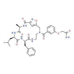 ChemSpider 2D Image | 2-(3-{[(4R,7R,10R)-10-Benzyl-7-isobutyl-4-methyl-2,5,8,11-tetraoxo-18-oxa-3,6,9,12,15,19-hexaazabicyclo[15.2.1]icosa-1(19),17(20)-dien-15-yl]carbonyl}phenoxy)acetamide | C34H41N7O8