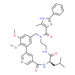 ChemSpider 2D Image | (9R)-9-Isobutyl-18,19-dimethoxy-14-[(5-methyl-2-phenyl-1H-imidazol-4-yl)carbonyl]-4,8,11,14-tetraazatricyclo[14.3.1.1~2,6~]henicosa-1(20),2(21),3,5,16,18-hexaene-7,10-dione | C34H38N6O5