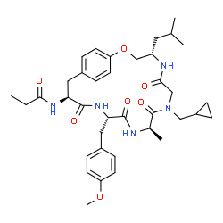 ChemSpider 2D Image | N-[(4S,10R,13S,16S)-8-(Cyclopropylmethyl)-4-isobutyl-13-(4-methoxybenzyl)-10-methyl-6,9,12,15-tetraoxo-2-oxa-5,8,11,14-tetraazabicyclo[16.2.2]docosa-1(20),18,21-trien-16-yl]propanamide | C37H51N5O7