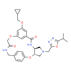 ChemSpider 2D Image | (3S,7S)-12-(Cyclopropylmethoxy)-5-[(5-isopropyl-1,3,4-oxadiazol-2-yl)methyl]-2,15-dioxa-5,8,18-triazatetracyclo[18.2.2.1~10,14~.0~3,7~]pentacosa-1(22),10(25),11,13,20,23-hexaene-9,17-dione | C30H35N5O6