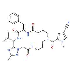 ChemSpider 2D Image | 5-{[(17R,20S)-17-Benzyl-20-isopropyl-2-methyl-6,15,18-trioxo-5,6,7,8,9,10,13,14,15,16,17,18,19,20-tetradecahydro[1,2,4]triazolo[5,1-f][1,4,7,10,14]pentaazacyclooctadecin-11(12H)-yl]carbonyl}-1-methyl-
1H-pyrrole-3-carbonitrile | C32H41N9O4