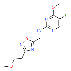ChemSpider 2D Image | 5-Fluoro-4-methoxy-N-{[3-(2-methoxyethyl)-1,2,4-oxadiazol-5-yl]methyl}-2-pyrimidinamine | C11H14FN5O3