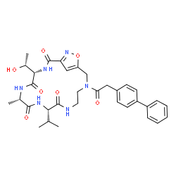 ChemSpider 2D Image | (4S,7S,10S)-15-(4-Biphenylylacetyl)-4-[(1R)-1-hydroxyethyl]-10-isopropyl-7-methyl-18-oxa-3,6,9,12,15,19-hexaazabicyclo[15.2.1]icosa-1(19),17(20)-diene-2,5,8,11-tetrone | C33H40N6O7