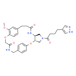 ChemSpider 2D Image | (3S,7S)-14-Methoxy-5-[4-(1H-pyrazol-4-yl)butanoyl]-2,16-dioxa-5,8,19-triazatetracyclo[19.2.2.2~12,15~.0~3,7~]heptacosa-1(23),12,14,21,24,26-hexaene-9,18-dione | C30H35N5O6