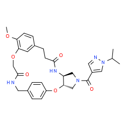 ChemSpider 2D Image | (3S,7S)-5-[(1-Isopropyl-1H-pyrazol-4-yl)carbonyl]-15-methoxy-2,17-dioxa-5,8,20-triazatetracyclo[20.2.2.1~12,16~.0~3,7~]heptacosa-1(24),12(27),13,15,22,25-hexaene-9,19-dione | C30H35N5O6