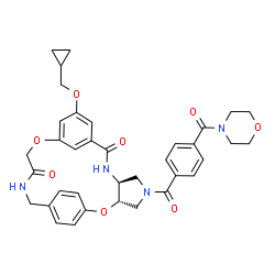 ChemSpider 2D Image | (3S,7S)-12-(Cyclopropylmethoxy)-5-[4-(4-morpholinylcarbonyl)benzoyl]-2,15-dioxa-5,8,18-triazatetracyclo[18.2.2.1~10,14~.0~3,7~]pentacosa-1(22),10(25),11,13,20,23-hexaene-9,17-dione | C36H38N4O8