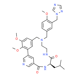 ChemSpider 2D Image | (9R)-9-Isobutyl-18,19-dimethoxy-14-[4-methoxy-3-(1H-1,2,4-triazol-1-ylmethyl)benzyl]-4,8,11,14-tetraazatricyclo[14.3.1.1~2,6~]henicosa-1(20),2(21),3,5,16,18-hexaene-7,10-dione | C34H41N7O5