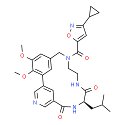 ChemSpider 2D Image | (9R)-14-[(3-Cyclopropyl-1,2-oxazol-5-yl)carbonyl]-9-isobutyl-18,19-dimethoxy-4,8,11,14-tetraazatricyclo[14.3.1.1~2,6~]henicosa-1(20),2(21),3,5,16,18-hexaene-7,10-dione | C30H35N5O6