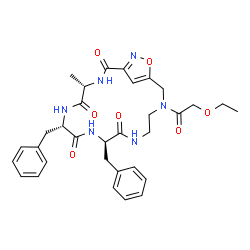 ChemSpider 2D Image | (4S,7S,10R)-7,10-Dibenzyl-15-(ethoxyacetyl)-4-methyl-18-oxa-3,6,9,12,15,19-hexaazabicyclo[15.2.1]icosa-1(19),17(20)-diene-2,5,8,11-tetrone | C32H38N6O7