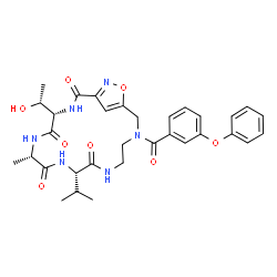 ChemSpider 2D Image | (4S,7S,10S)-4-[(1R)-1-Hydroxyethyl]-10-isopropyl-7-methyl-15-(3-phenoxybenzoyl)-18-oxa-3,6,9,12,15,19-hexaazabicyclo[15.2.1]icosa-1(19),17(20)-diene-2,5,8,11-tetrone | C32H38N6O8