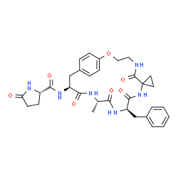 ChemSpider 2D Image | N-[(10R,13S,16S)-10-Benzyl-13-methyl-6,9,12,15-tetraoxo-2-oxa-5,8,11,14-tetraazaspiro[bicyclo[16.2.2]docosane-7,1'-cyclopropane]-1(20),18,21-trien-16-yl]-5-oxo-L-prolinamide | C32H38N6O7