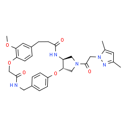 ChemSpider 2D Image | (3S,7S)-5-[(3,5-Dimethyl-1H-pyrazol-1-yl)acetyl]-14-methoxy-2,16-dioxa-5,8,19-triazatetracyclo[19.2.2.2~12,15~.0~3,7~]heptacosa-1(23),12,14,21,24,26-hexaene-9,18-dione | C30H35N5O6