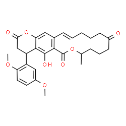 ChemSpider 2D Image | (16E)-4-(2,5-Dimethoxyphenyl)-5-hydroxy-8-methyl-4,8,9,10,11,13,14,15-octahydro-2H,6H-oxacyclotetradecino[3,4-g]chromene-2,6,12(3H)-trione | C29H32O8