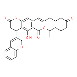 ChemSpider 2D Image | (16E)-4-(2H-Chromen-3-yl)-5-hydroxy-8-methyl-4,8,9,10,11,13,14,15-octahydro-2H,6H-oxacyclotetradecino[3,4-g]chromene-2,6,12(3H)-trione | C30H30O7