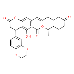 ChemSpider 2D Image | (16E)-4-(2,3-Dihydro-1,4-benzodioxin-6-yl)-5-hydroxy-8-methyl-4,8,9,10,11,13,14,15-octahydro-2H,6H-oxacyclotetradecino[3,4-g]chromene-2,6,12(3H)-trione | C29H30O8