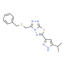 ChemSpider 2D Image | 3-[(Benzylsulfanyl)methyl]-6-(5-isopropyl-1H-pyrazol-3-yl)[1,2,4]triazolo[3,4-b][1,3,4]thiadiazole | C17H18N6S2