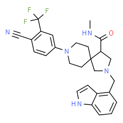 ChemSpider 2D Image | 8-[4-Cyano-3-(trifluoromethyl)phenyl]-2-(1H-indol-4-ylmethyl)-N-methyl-2,8-diazaspiro[4.5]decane-4-carboxamide | C27H28F3N5O