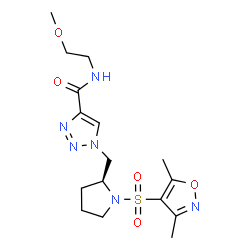 ChemSpider 2D Image | 1-({(2S)-1-[(3,5-Dimethyl-1,2-oxazol-4-yl)sulfonyl]-2-pyrrolidinyl}methyl)-N-(2-methoxyethyl)-1H-1,2,3-triazole-4-carboxamide | C16H24N6O5S
