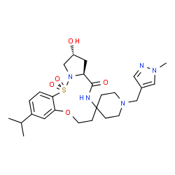 ChemSpider 2D Image | (10a'S,12'R)-12'-Hydroxy-3'-isopropyl-1-[(1-methyl-1H-pyrazol-4-yl)methyl]-6',7',10a',11',12',13'-hexahydrospiro[piperidine-4,8'-pyrrolo[1,2-b][9,1,2,5]benzoxathiadiazacycloundecin]-10'(9'H)-one 15',1
5'-dioxide | C26H37N5O5S