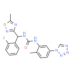 ChemSpider 2D Image | 1-[(2-Fluorophenyl)(5-methyl-1,2,4-oxadiazol-3-yl)methyl]-3-[2-methyl-5-(1H-tetrazol-1-yl)phenyl]urea | C19H17FN8O2