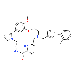 ChemSpider 2D Image | (11R)-11-Isopropyl-20-methoxy-15-{[1-(2-methylphenyl)-1H-pyrazol-4-yl]methyl}-18-oxa-3,6,9,12,15-pentaazatricyclo[17.3.1.0~2,6~]tricosa-1(23),2,4,19,21-pentaene-10,13-dione | C32H39N7O4
