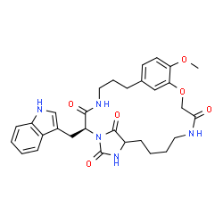 ChemSpider 2D Image | (7S)-7-(1H-Indol-3-ylmethyl)-21-methoxy-19-oxa-5,8,10,16-tetraazatricyclo[18.3.1.1~8,11~]pentacosa-1(24),20,22-triene-6,9,17,25-tetrone | C30H35N5O6