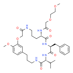 ChemSpider 2D Image | N-[(9S,12S,15R)-12-Benzyl-15-isopropyl-24-methoxy-4,10,13,16-tetraoxo-2-oxa-5,11,14,17-tetraazabicyclo[19.3.1]pentacosa-1(25),21,23-trien-9-yl]-2-(2-methoxyethoxy)acetamide | C36H51N5O9