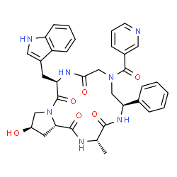 ChemSpider 2D Image | (3S,6R,12R,16R,17aS)-16-Hydroxy-12-(1H-indol-3-ylmethyl)-3-methyl-6-phenyl-8-(3-pyridinylcarbonyl)dodecahydro-1H-pyrrolo[1,2-a][1,4,7,10,13]pentaazacyclopentadecine-1,4,10,13(5H)-tetrone | C35H37N7O6