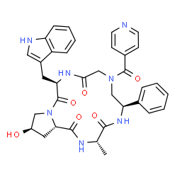 ChemSpider 2D Image | (3S,6R,12R,16R,17aS)-16-Hydroxy-12-(1H-indol-3-ylmethyl)-8-isonicotinoyl-3-methyl-6-phenyldodecahydro-1H-pyrrolo[1,2-a][1,4,7,10,13]pentaazacyclopentadecine-1,4,10,13(5H)-tetrone | C35H37N7O6
