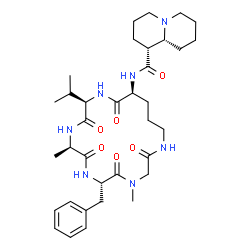 ChemSpider 2D Image | (1R,9aR)-N-[(6S,9R,12R,15S)-6-Benzyl-12-isopropyl-4,9-dimethyl-2,5,8,11,14-pentaoxo-1,4,7,10,13-pentaazacyclooctadecan-15-yl]octahydro-2H-quinolizine-1-carboxamide | C35H53N7O6