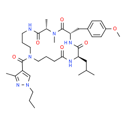 ChemSpider 2D Image | (2R,5S,8S)-2-Isobutyl-5-(4-methoxybenzyl)-7,8-dimethyl-14-[(3-methyl-1-propyl-1H-pyrazol-4-yl)carbonyl]-1,4,7,10,14-pentaazacyclooctadecane-3,6,9,18-tetrone | C35H53N7O6