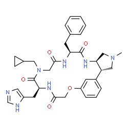 ChemSpider 2D Image | (2S,6R,9S,15S)-9-Benzyl-13-(cyclopropylmethyl)-15-(1H-imidazol-5-ylmethyl)-4-methyl-19-oxa-4,7,10,13,16-pentaazatricyclo[18.3.1.0~2,6~]tetracosa-1(24),20,22-triene-8,11,14,17-tetrone | C34H41N7O5