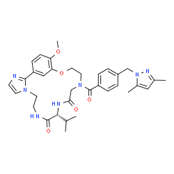 ChemSpider 2D Image | (11R)-15-{4-[(3,5-Dimethyl-1H-pyrazol-1-yl)methyl]benzoyl}-11-isopropyl-20-methoxy-18-oxa-3,6,9,12,15-pentaazatricyclo[17.3.1.0~2,6~]tricosa-1(23),2,4,19,21-pentaene-10,13-dione | C34H41N7O5