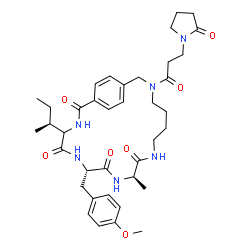ChemSpider 2D Image | (7S,10R)-4-[(2S)-2-Butanyl]-7-(4-methoxybenzyl)-10-methyl-17-[3-(2-oxo-1-pyrrolidinyl)propanoyl]-3,6,9,12,17-pentaazabicyclo[17.2.2]tricosa-1(21),19,22-triene-2,5,8,11-tetrone | C38H52N6O7