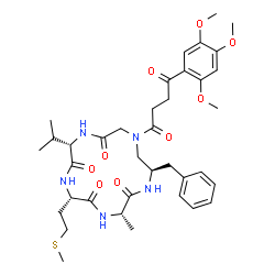 ChemSpider 2D Image | (3S,6S,9S,15R)-15-Benzyl-9-isopropyl-3-methyl-6-[2-(methylsulfanyl)ethyl]-13-[4-oxo-4-(2,4,5-trimethoxyphenyl)butanoyl]-1,4,7,10,13-pentaazacyclopentadecane-2,5,8,11-tetrone | C37H51N5O9S