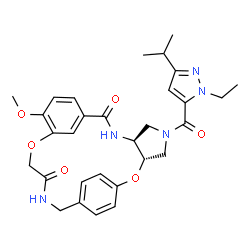 ChemSpider 2D Image | (3S,7S)-5-[(1-Ethyl-3-isopropyl-1H-pyrazol-5-yl)carbonyl]-13-methoxy-2,15-dioxa-5,8,18-triazatetracyclo[18.2.2.1~10,14~.0~3,7~]pentacosa-1(22),10(25),11,13,20,23-hexaene-9,17-dione | C30H35N5O6