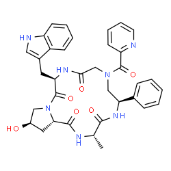 ChemSpider 2D Image | (3S,6R,12R,16R,17aS)-16-Hydroxy-12-(1H-indol-3-ylmethyl)-3-methyl-6-phenyl-8-(2-pyridinylcarbonyl)dodecahydro-1H-pyrrolo[1,2-a][1,4,7,10,13]pentaazacyclopentadecine-1,4,10,13(5H)-tetrone | C35H37N7O6