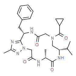ChemSpider 2D Image | (8R,11S,17S)-17-Benzyl-13-(cyclopropylcarbonyl)-11-isopropyl-2,8-dimethyl-7,8,11,12,13,14,16,17-octahydro-5H-[1,2,4]triazolo[1,5-a][1,4,7,10,13]pentaazacyclopentadecine-6,9,15(10H)-trione | C27H37N7O4