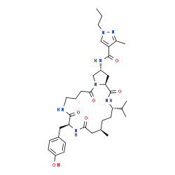 ChemSpider 2D Image | N-[(3S,6R,10S,19R,20aS)-10-(4-Hydroxybenzyl)-3-isopropyl-6-methyl-1,8,11,16-tetraoxoicosahydropyrrolo[2,1-c][1,4,9,12]tetraazacyclooctadecin-19-yl]-3-methyl-1-propyl-1H-pyrazole-4-carboxamide | C36H53N7O6