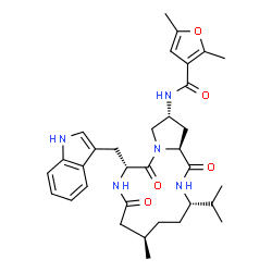 ChemSpider 2D Image | N-[(3S,6R,10R,14R,15aS)-10-(1H-Indol-3-ylmethyl)-3-isopropyl-6-methyl-1,8,11-trioxotetradecahydro-1H-pyrrolo[2,1-c][1,4,7]triazacyclotridecin-14-yl]-2,5-dimethyl-3-furamide | C33H43N5O5