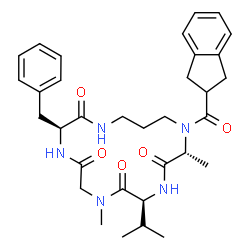 ChemSpider 2D Image | (3S,9S,12R)-3-Benzyl-13-(2,3-dihydro-1H-inden-2-ylcarbonyl)-9-isopropyl-7,12-dimethyl-1,4,7,10,13-pentaazacyclohexadecane-2,5,8,11-tetrone | C33H43N5O5