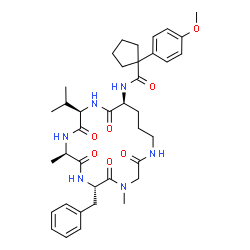 ChemSpider 2D Image | N-[(6S,9R,12R,15S)-6-Benzyl-12-isopropyl-4,9-dimethyl-2,5,8,11,14-pentaoxo-1,4,7,10,13-pentaazacyclooctadecan-15-yl]-1-(4-methoxyphenyl)cyclopentanecarboxamide | C38H52N6O7
