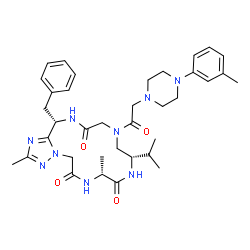 ChemSpider 2D Image | (8R,11S,17S)-17-Benzyl-11-isopropyl-2,8-dimethyl-13-{[4-(3-methylphenyl)-1-piperazinyl]acetyl}-7,8,11,12,13,14,16,17-octahydro-5H-[1,2,4]triazolo[1,5-a][1,4,7,10,13]pentaazacyclopentadecine-6,9,15(10H
)-trione | C36H49N9O4