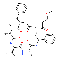 ChemSpider 2D Image | (3S,6R,9S,12S,18R)-12-Benzyl-6-isopropyl-16-(3-methoxypropanoyl)-3,9,10-trimethyl-18-phenyl-1,4,7,10,13,16-hexaazacyclooctadecane-2,5,8,11,14-pentone | C35H48N6O7
