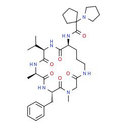 ChemSpider 2D Image | N-[(6S,9R,12R,15S)-6-Benzyl-12-isopropyl-4,9-dimethyl-2,5,8,11,14-pentaoxo-1,4,7,10,13-pentaazacyclooctadecan-15-yl]-1-(1-pyrrolidinyl)cyclopentanecarboxamide | C35H53N7O6