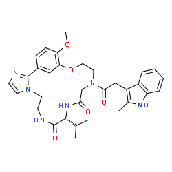 ChemSpider 2D Image | (11R)-11-Isopropyl-20-methoxy-15-[(2-methyl-1H-indol-3-yl)acetyl]-18-oxa-3,6,9,12,15-pentaazatricyclo[17.3.1.0~2,6~]tricosa-1(23),2,4,19,21-pentaene-10,13-dione | C32H38N6O5