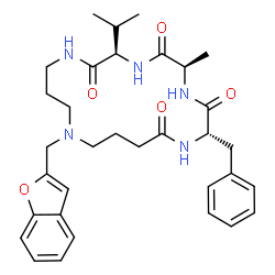 ChemSpider 2D Image | (2S,5R,8R)-14-(1-Benzofuran-2-ylmethyl)-2-benzyl-8-isopropyl-5-methyl-1,4,7,10,14-pentaazacyclooctadecane-3,6,9,18-tetrone | C33H43N5O5